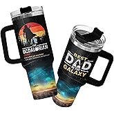 34HD Dadalorian Daddy Tumbler 40oz with Handle Lid and Straw, Funny Best Dad in the Galaxy Gift, Retro Sunset Outer Space Design, Insulated Stainless Steel Cup for Men, Father’s Day Birthday Present