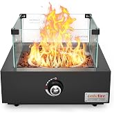 15.7" Propane Gas Fire Pit Side-Mounted, Portable Tabletop Fireplace, FP040 | Portable Smokeless Fireplace with Lava Rocks &amp; Glass Shield for Outdoor Patio Backyard Camping RV Tailgating, Square