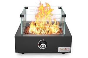 ONLYFIRE OUTDOOR LIVING Tabletop Propane Gas Fire Pit with Glass Wind Guard & Lava Rocks, Portable Smokeless Gas Fireplace Side-Mounted for Patio Backyard Camping Bonfire RV Tailgating, Square FP040