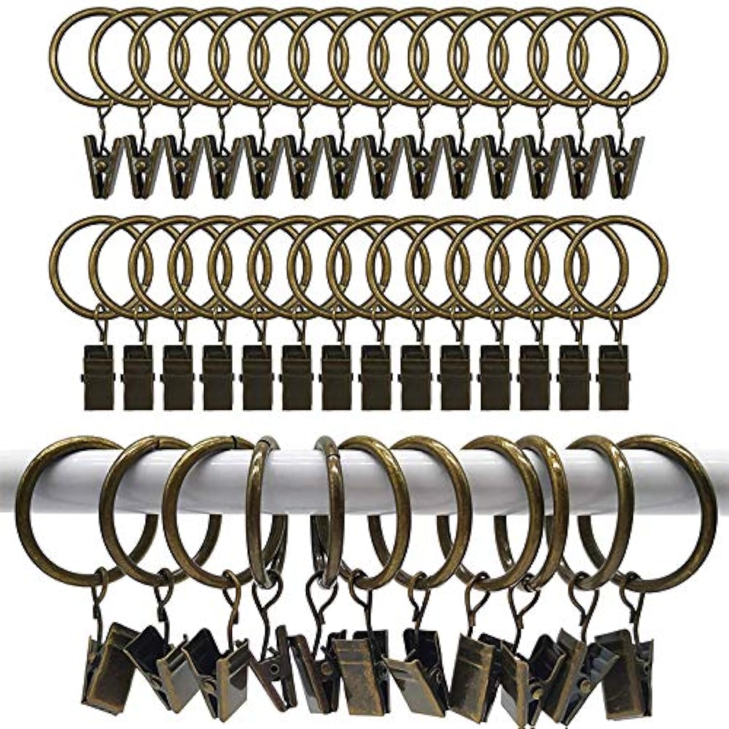 iPEAK 50 Pack Curtain Clips with Rings, Metal Curtain Rings with Clips Hooks 30mm Internal Diameter (Brass)