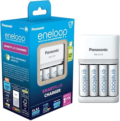Caricabatterie SmartPlus per Batterie AA/AAA Ni-MH, Include 4 Batterie AA 2000mAh, Ricarica Rapida 1,5 Ore, con LED e 10 Funzioni di Sicurezza