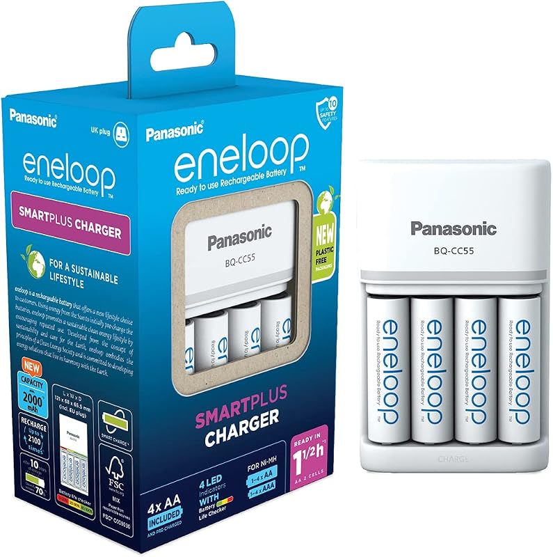 SmartPlus. Cargador para 1 a 4 pilas AA/AAA Ni-MH con 4 pilas eneloop AA/Mignon de capacidad mejorada y 10 funciones de seguridad.
