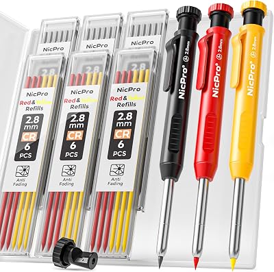 Nicpro 3 Pack Carpenter Pencil with Sharpener 39 Refills Deep Hole Marker