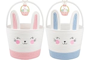 OIASKET Personalized Easter Basket for Toddler, Woven Baby Easter Gifts Basket with Handle, Empty Bunny Egg Storage for Girls Kids-2 Packs, Pink&Blue