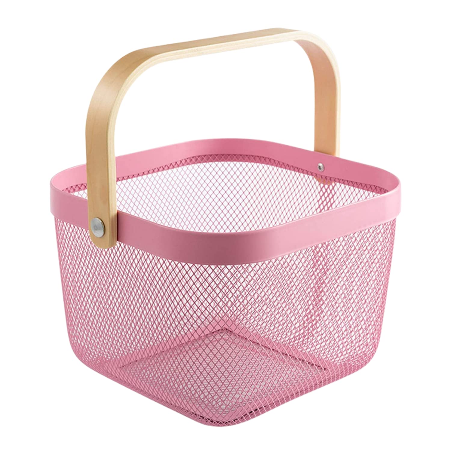 Metal Basket Storage Organizer, Multi-functional Basket with Bamboo Handle for Home Kitchen Picnic Shopping Decoration (Pink)