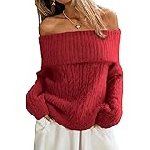 ELLEVEN Women’s Off Shoulder Cable Knit Sweater, Soft Oversized Pullover for Casual Fall Winter Outfits
