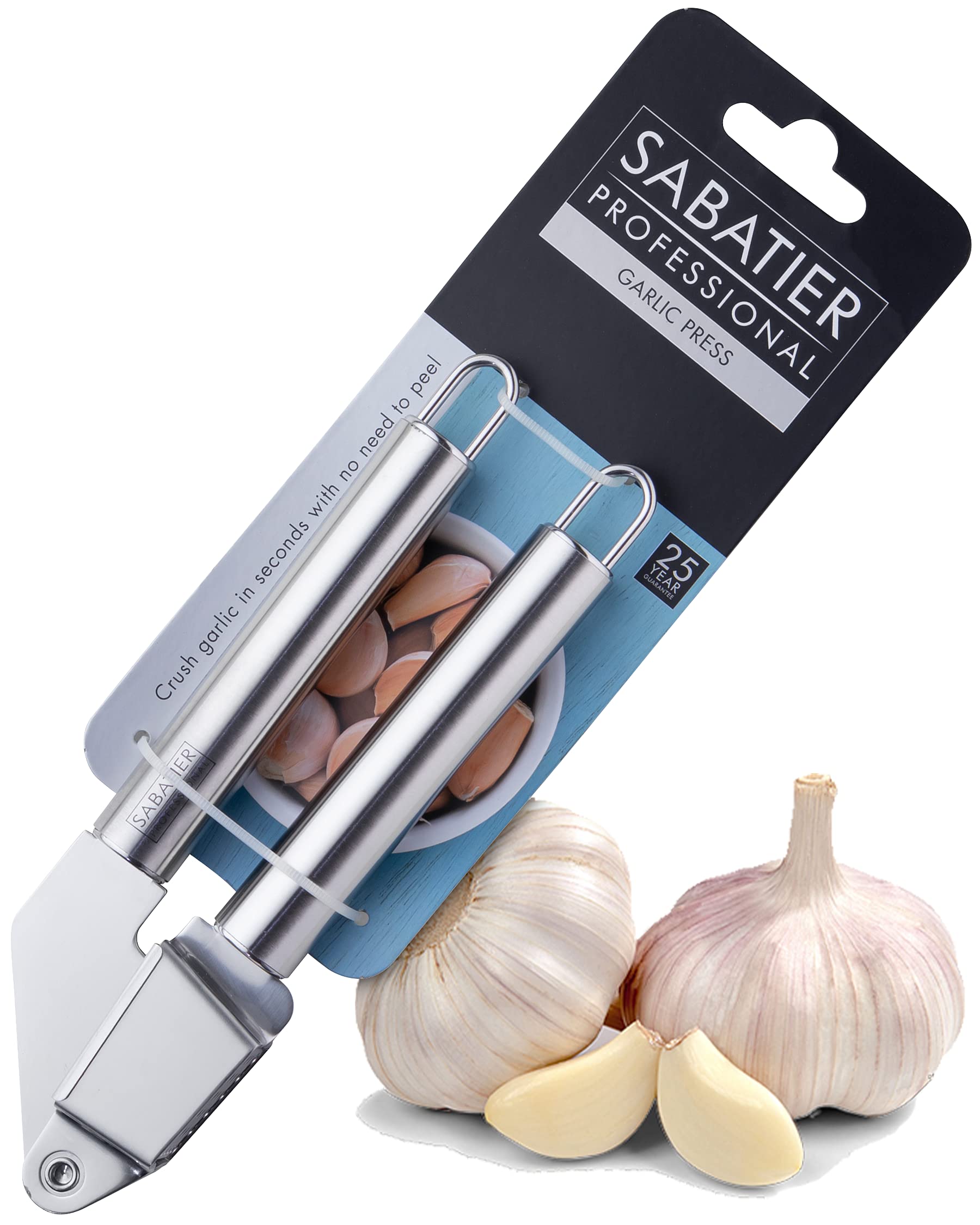 Sabatier Professional Stainless Steel Garlic Press - No Need to Peel. Strong Handle. Dishwasher Safe. Guaranteed for 25 Years. Garlic Crusher Also Works with Ginger.