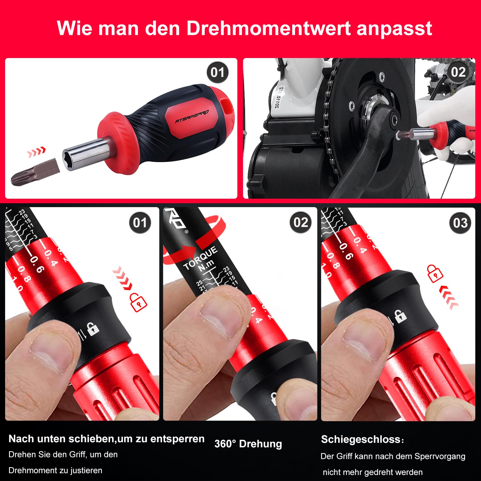 ATsafepro Drehmomentschlüssel fahrrad 1/4",61-teiliger Drehmomentschlüssel Klein 3-25Nm,Magnetischer Ratschen-Satz mit Bits + Verlängerung,Für Fahrrad, Motorrad & DIY 4