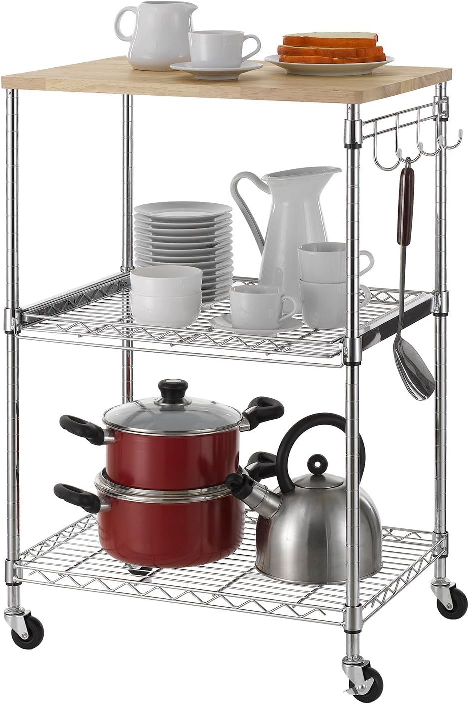Finnhomy 3-Tier Wire Rolling Kitchen Cart, Food Service Cart, Microwave Stand, Oak Cutting Board and Chrome - Kitchen Islands & Carts