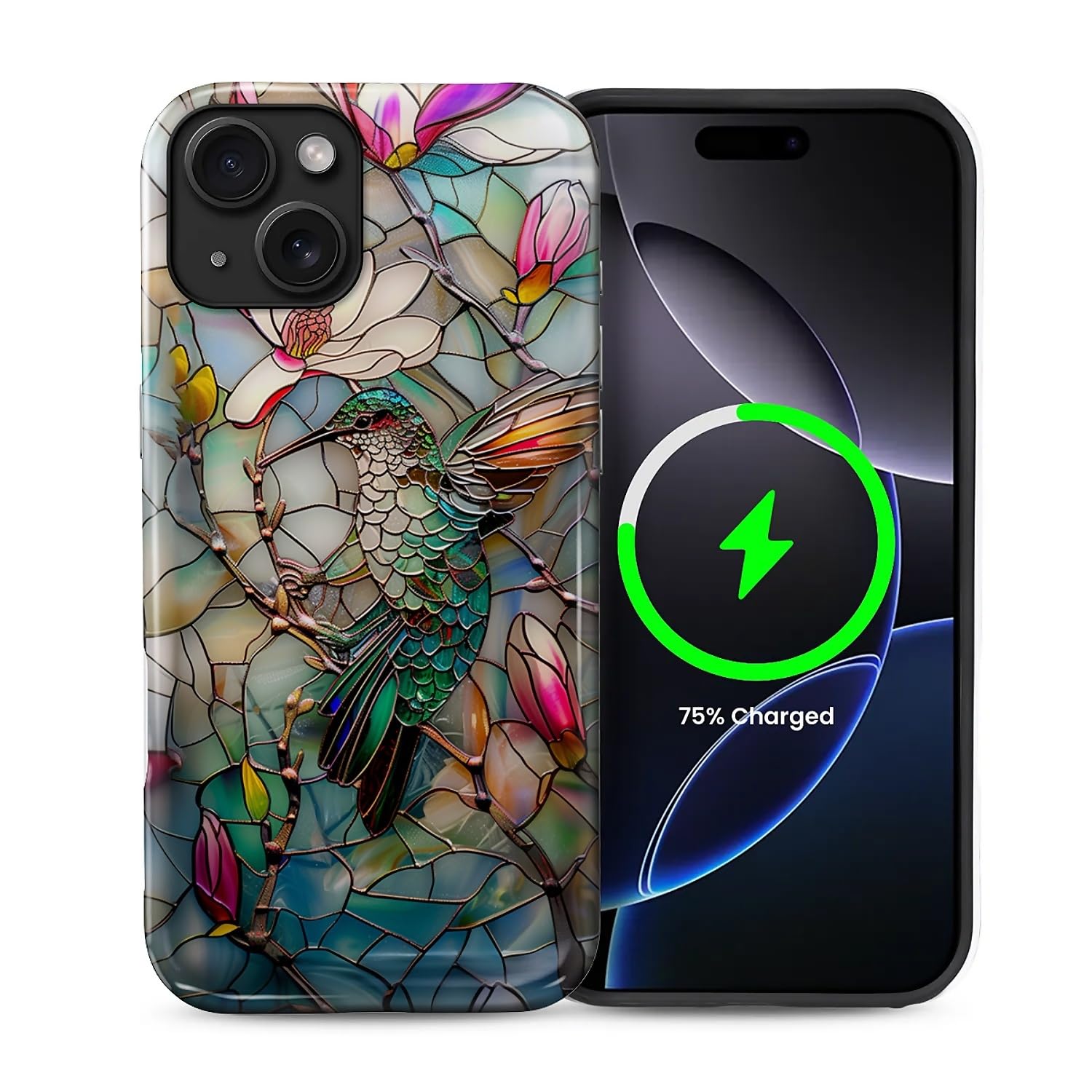 Punmada for iPhone 14 Plus Case for MagSafe,Hard Hybrid Shell Shockproof Silicone Full Body Protective Glossy Case for iPhone 14 Plus 3D Stained Flower Looking Hummingbird Pattern
