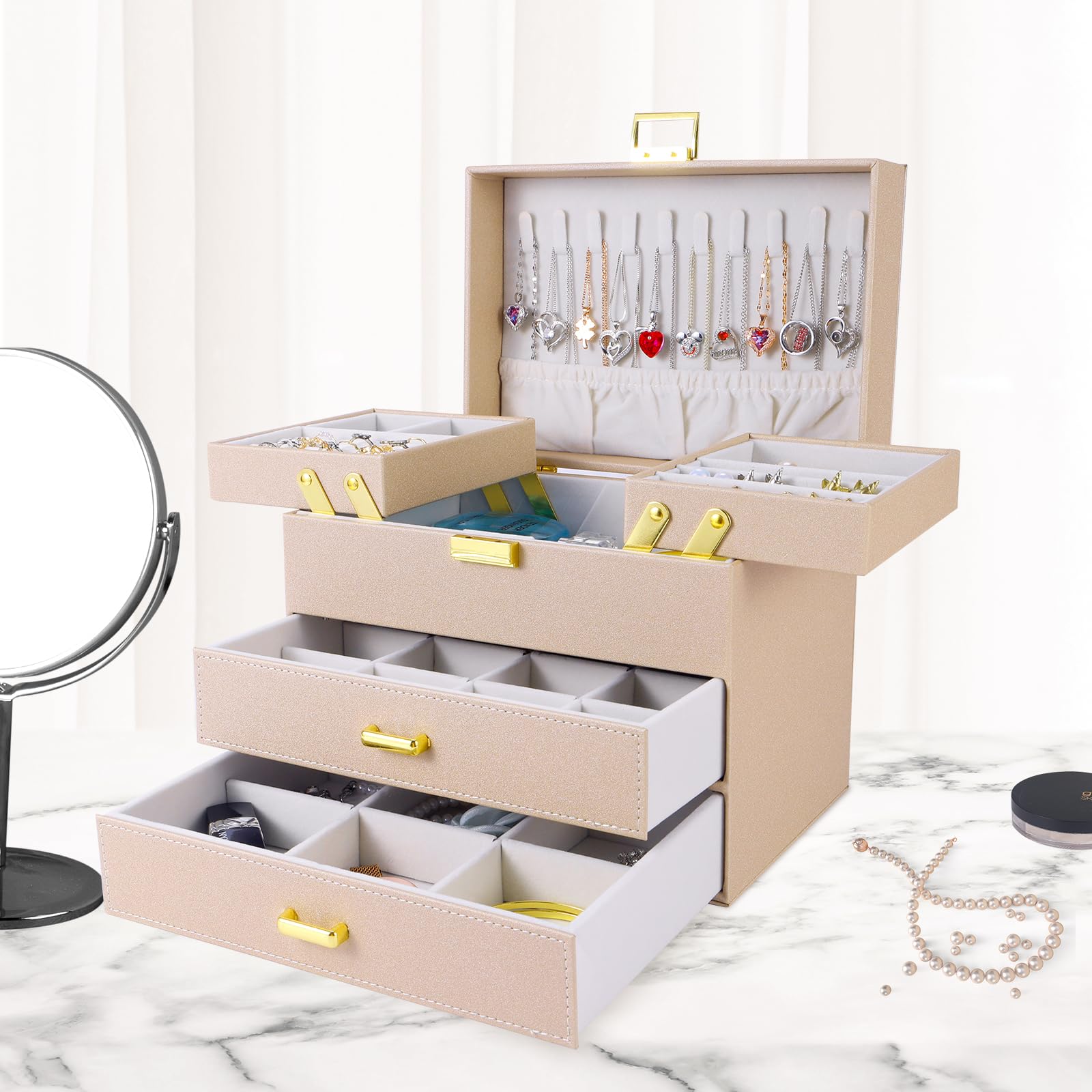 Dajasan Dajasan Jewelry Organizer Box, Jewelry Holder Organizer Box, PU Leather Jewelry Box, Gift Idea for Valentine's Day, Birthday, Mother's Day, Christmas (Champagne)