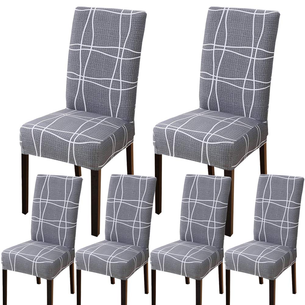 BCKAKQA Stretch Chair Covers for Dining Room Grey Checked Dining Chair Slipcovers Set of 6 Soft Spandex Removable Washable Dining Chair Seat Covers for Dining Room Wedding Banquet Party Decoration