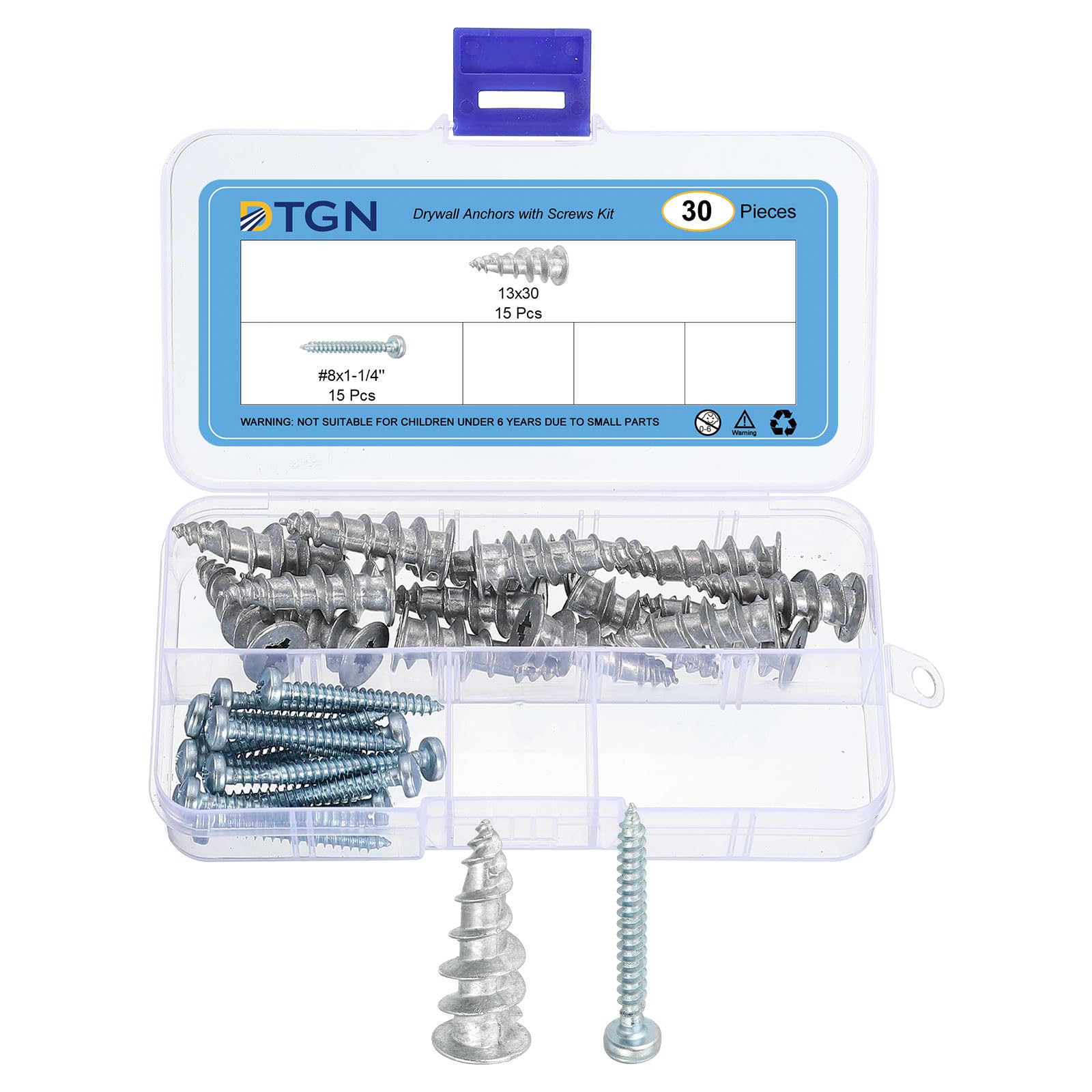 DTGN 13x30mm Self-Drilling Drywall Anchors with Screws Kit - 15 Set - Good for Concrete Tile Cement - Zinc Alloy Hollow Wall Anchors Kit with Screws