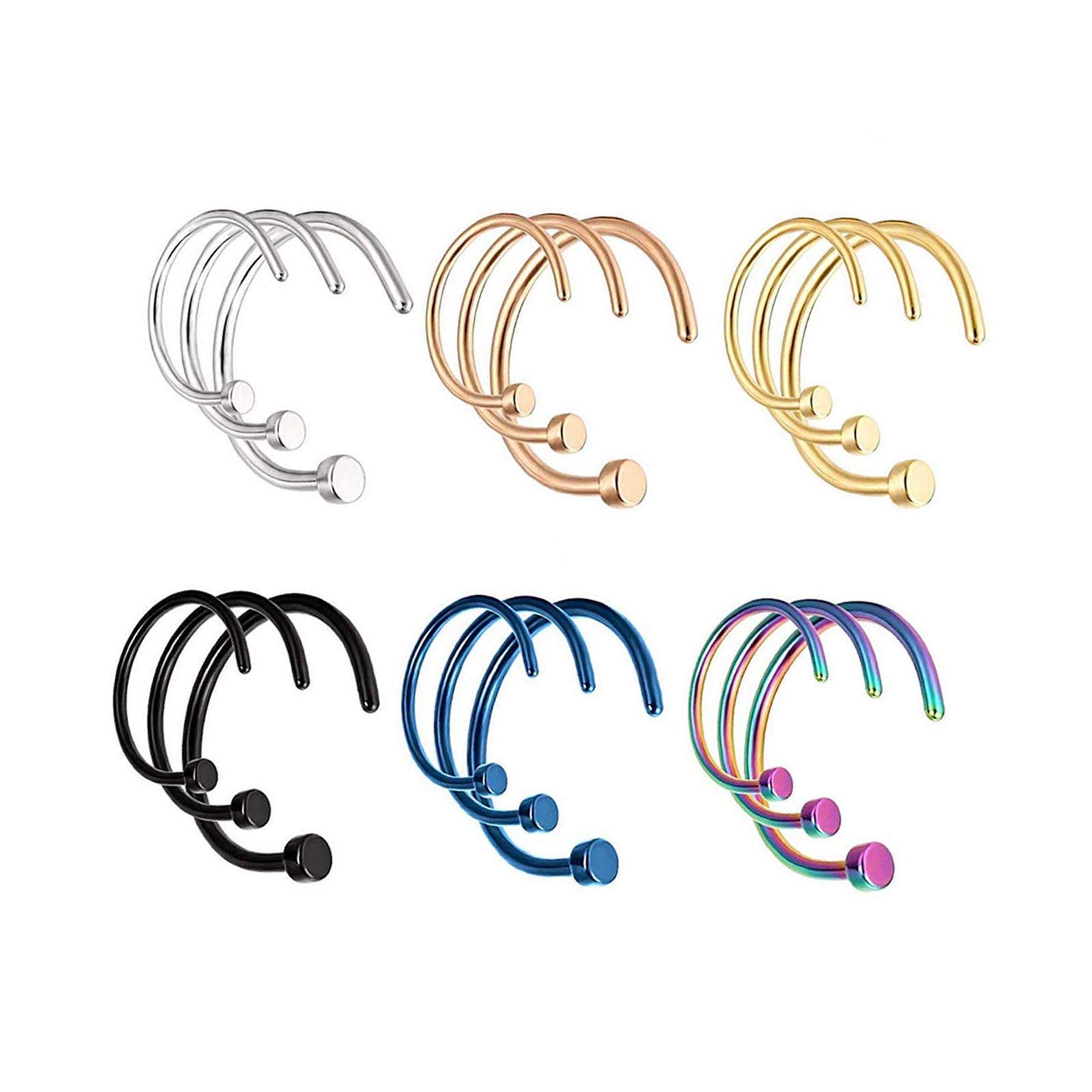 LEEQ 18 Pieces 20 G C Shape Nose Ring inless Steel Nose Hoops Body Piercing Jewelry for Men Women, 3 Sizes