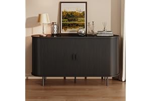 COMFYCORNER Buffet Sideboard Cabinet with Storage, 55" Fluted Cabinet with Sliding Door & Adjustable Shelf, Modern Accent Coffee Bar Console Table for Kitchen, Entryway, Black