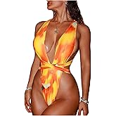 SweatyRocks Women's Crisscross One Piece Swimsuit Deep V Neck High Cut Bathing Suit Swimwear