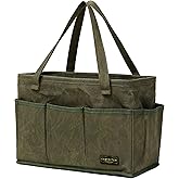 Kamiditer Tool Bag with Metal Frame, Waxed Canvas Wide Open Top Tool Tote Bag with 10 External Pockets, 15.5 x 7.5 x 10.5 Inches (ArmyGreen)