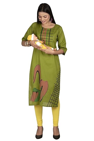 Women's Cotton Flex Maternity/Nursing/Easy Feeding/Breastfeeding/Kurti/Straight Kurta/Dress/with Zippers For PRE and Post Pregnancy