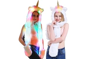 foci cozi Faux Fur Unicorn Hat Scarf Gloves Light Up Mittens 3-in-3 Function Furry Hoodie Flashing Control LED light