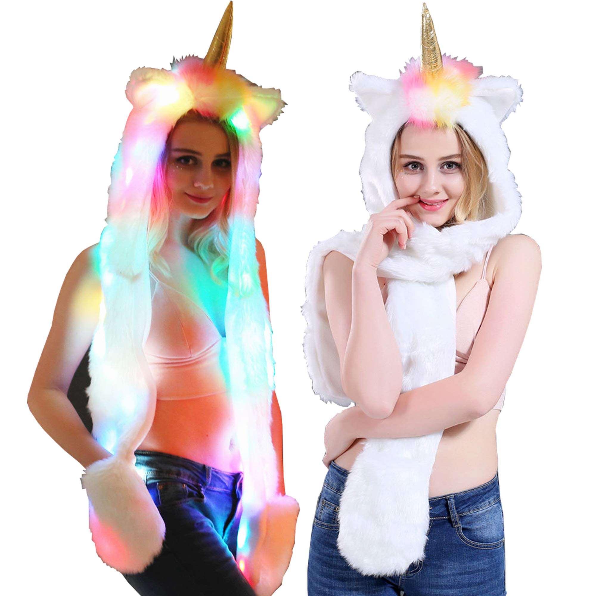 Faux Fur Unicorn Hat Scarf Gloves Light Up Mittens 3-in-3 Function Furry Hoodie Flashing Control LED light
