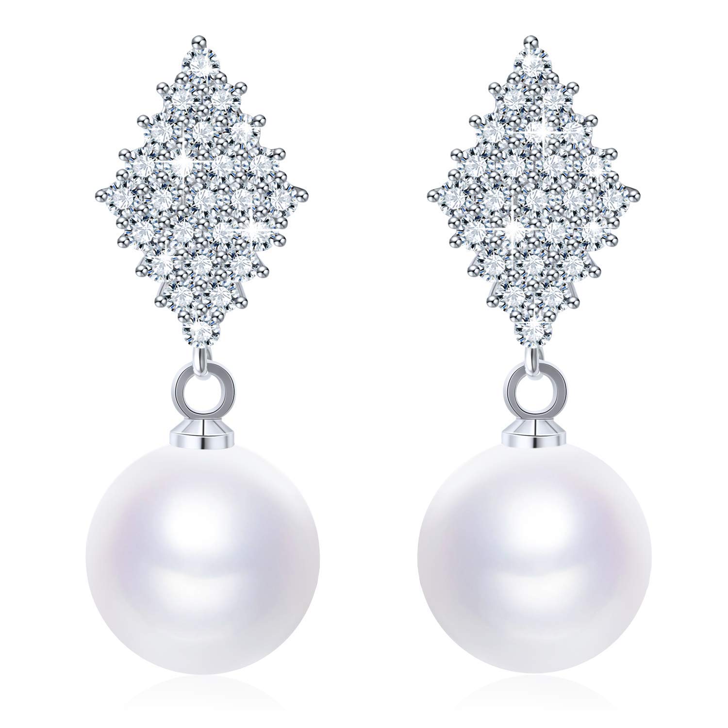 Elegant Sterling Silver Dangle Earrings with Sparkling Cubic Zirconia & Luminous White Pearls - Statement Drop Earrings for Women - Gift Boxed for Christmas Wedding Anniversary