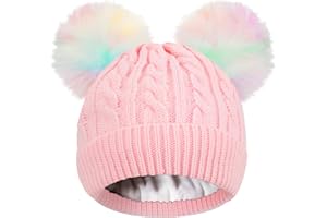 BROMZ Girls Beanie with Double Pom Pom, Thick Warm Fleece Lined Knit Kids Winter Hat for 3-9 Years