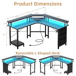 L Shaped Gaming Desk with LED Lights & Power