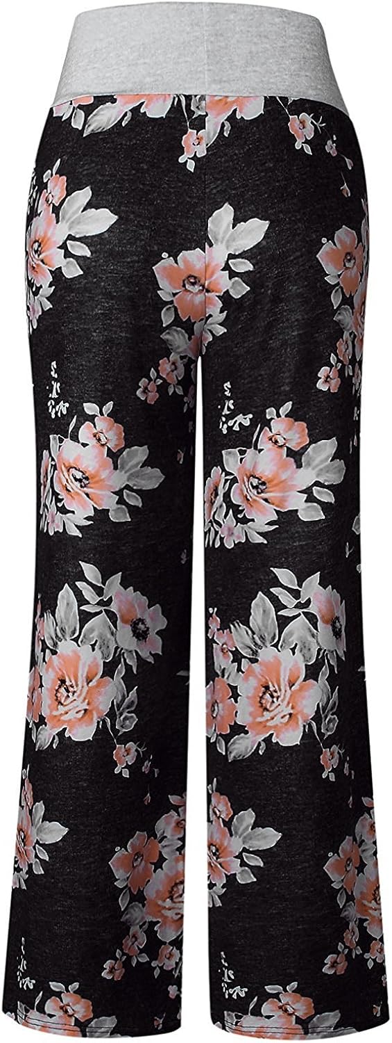 AMiERY Women's Comfy Casual Pajama Pants Floral Print Drawstring Palazzo Lounge Pants Wide Leg at  Women’s Clothing store