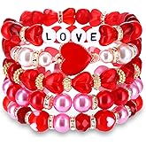 HEIDKRUEGER 3/5 Pieces Valentine's Day Beaded Bracelets for Women Red Heart Pendant Bracelet Glass Beads Stretch Bracelets for Girls Valentines Party Jewelry Gift