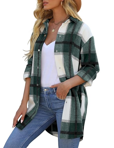 REACHME WOMENS OVERSIZED PLAID SHACKET WITH POCKETS BUTTON DOWN FLANNEL JACKET BRUSHED WOOL BLEND COATS(B-GREEN,XL)