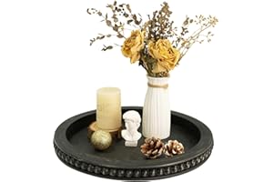 CEDARLUX Wooden Round Decorative Tray, Small Wood Coffee Table Tray, Beaded Serving Tray, Modern Farmhouse Black for Home Decor, Living Room, Dining Room, Entryway