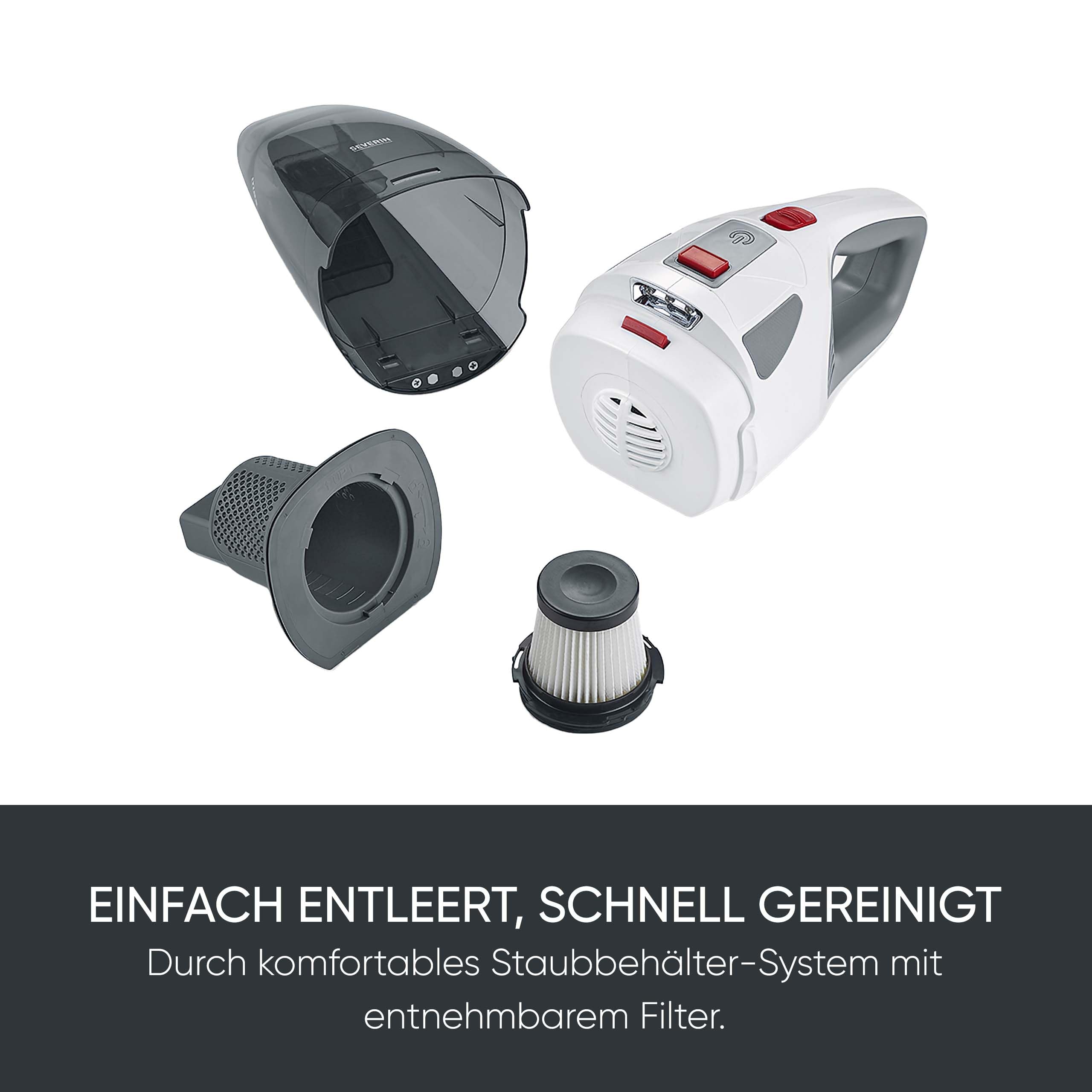 Severin 4-in-1 Akku-Handstaubsauger, kabelloser Nass- & Trockensauger für Autositze, Handsauger für Tierhaare & Flüssigkeiten, bis zu 30 Min Laufzeit im Eco-Mode, weiß-graurot, HV 7146 5
