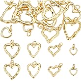 DELORIGIN 16Pcs Gold Heart Brass Charms Real 18K Gold Plated Pendant Charm Hollow Heart Dangle Linking Rings with Jump Ring for Valentine's Day Necklace Bracelet Bracelet Jewelry Making