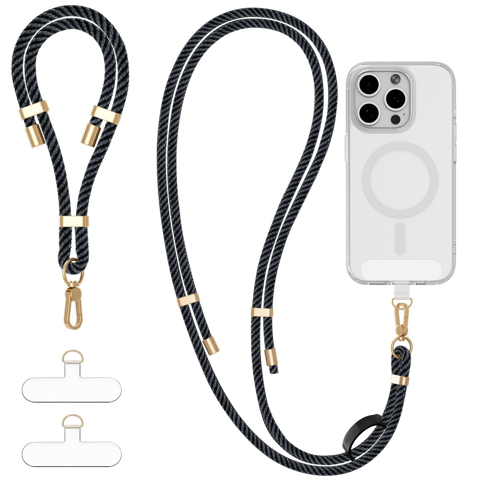 Lucforeen 4-IN-1 Phone Lanyard + Wrist Strap Kit with 2 Pack Tabs, Universal Adjustable Phone Strap Crossbody, Anti-Theft Neck Lanyard for iPhone 17 Pro Max and Most Smartphones, Black Grey