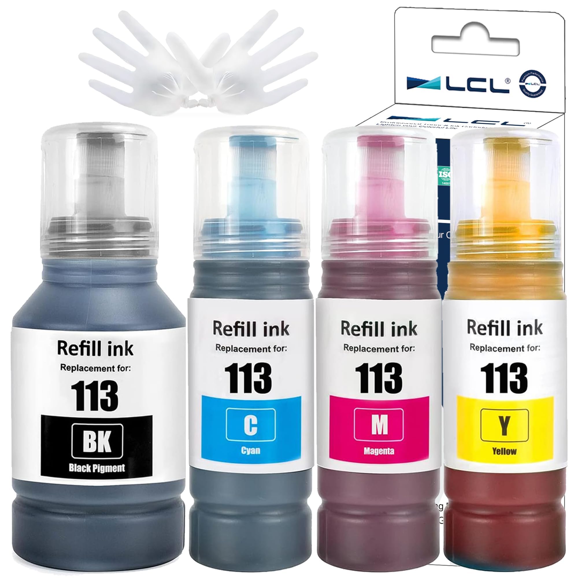 LCL 113 Ink Compatible with Epson 113 Ink Cartridges Bottle Multipack for Epson EcoTank ET-16150 ET-16600 ET-16650 ET-16680 ET-5150 ET-5160 ET-5170 ET-5800 ET-5850 ET-5880 (4Pack KCMY)