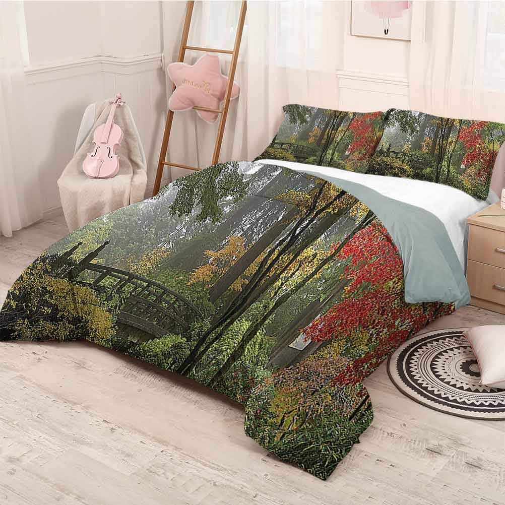 Apartment Decor Collection Extra large quilt cover Wet Wooden Bridge at Portland Japanese Garden Oregon in Autumn with Various Trees Picture Can be used as a quilt cover-lightweight (Twin)Paprika Gre