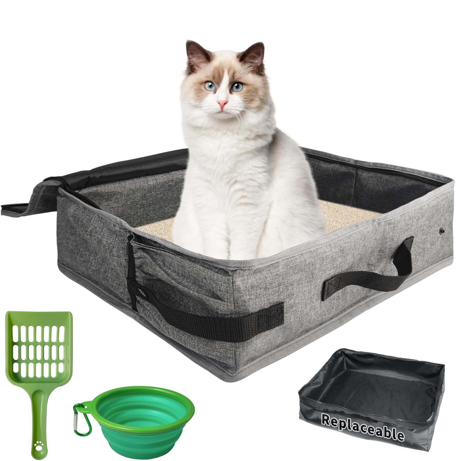 Photo 1 of Joroamp Portable Cat Travel Litter Box with Lid, Collapsible Travel Carrier Small Litter Box Set for Cat, No Smell Leak-Proof, Easy to Carry, Easy to Use in Hotels and Car (M,Plus Dual-Layer)