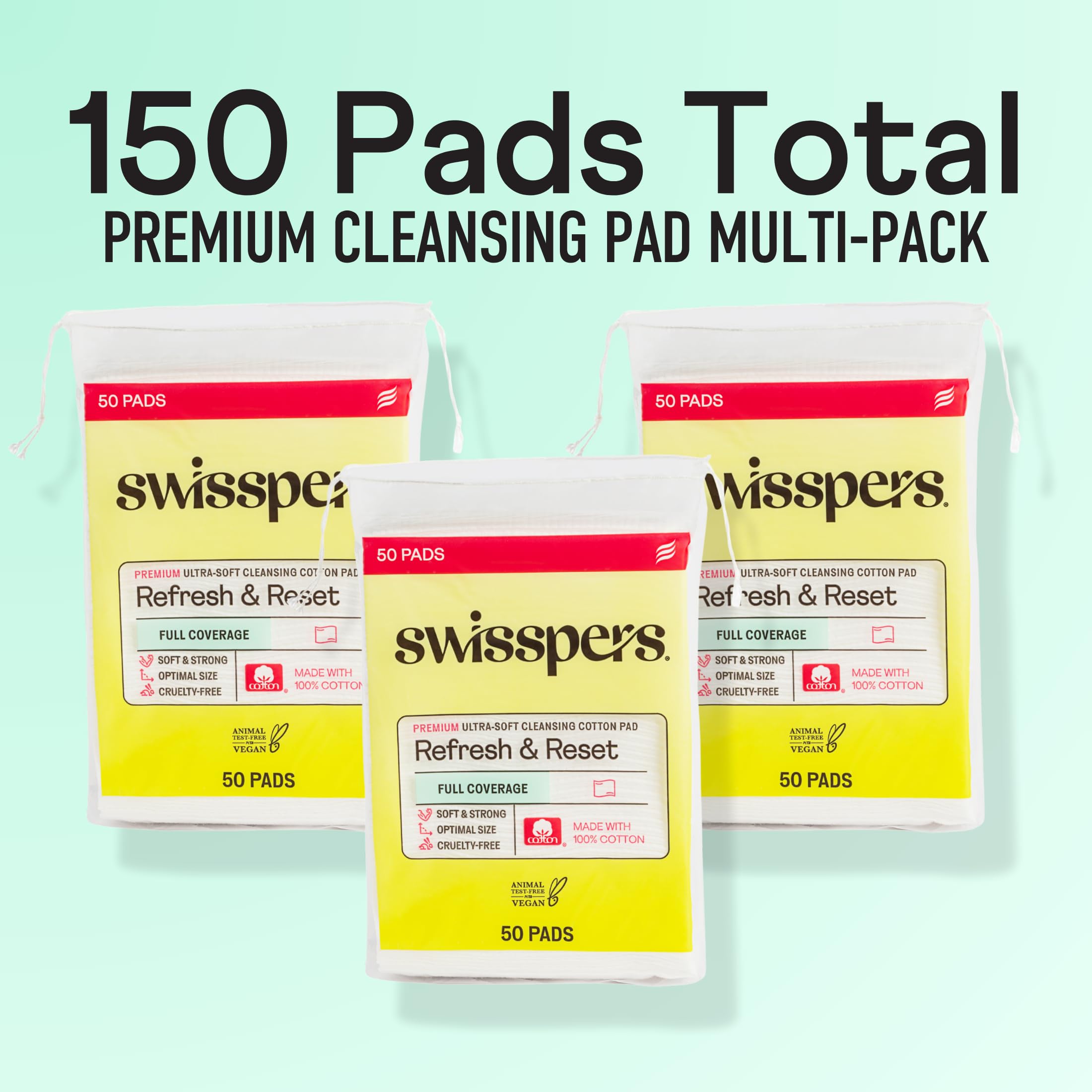 Swisspers Refresh and Reset Facial Cleansing Cotton Pads - 100% Natural Fiber, Ultra-Soft Beauty Essentials for Women & Men - Cruelty-Free, Paraben-Free Skincare Application Squares (50 Count) 3 Pack