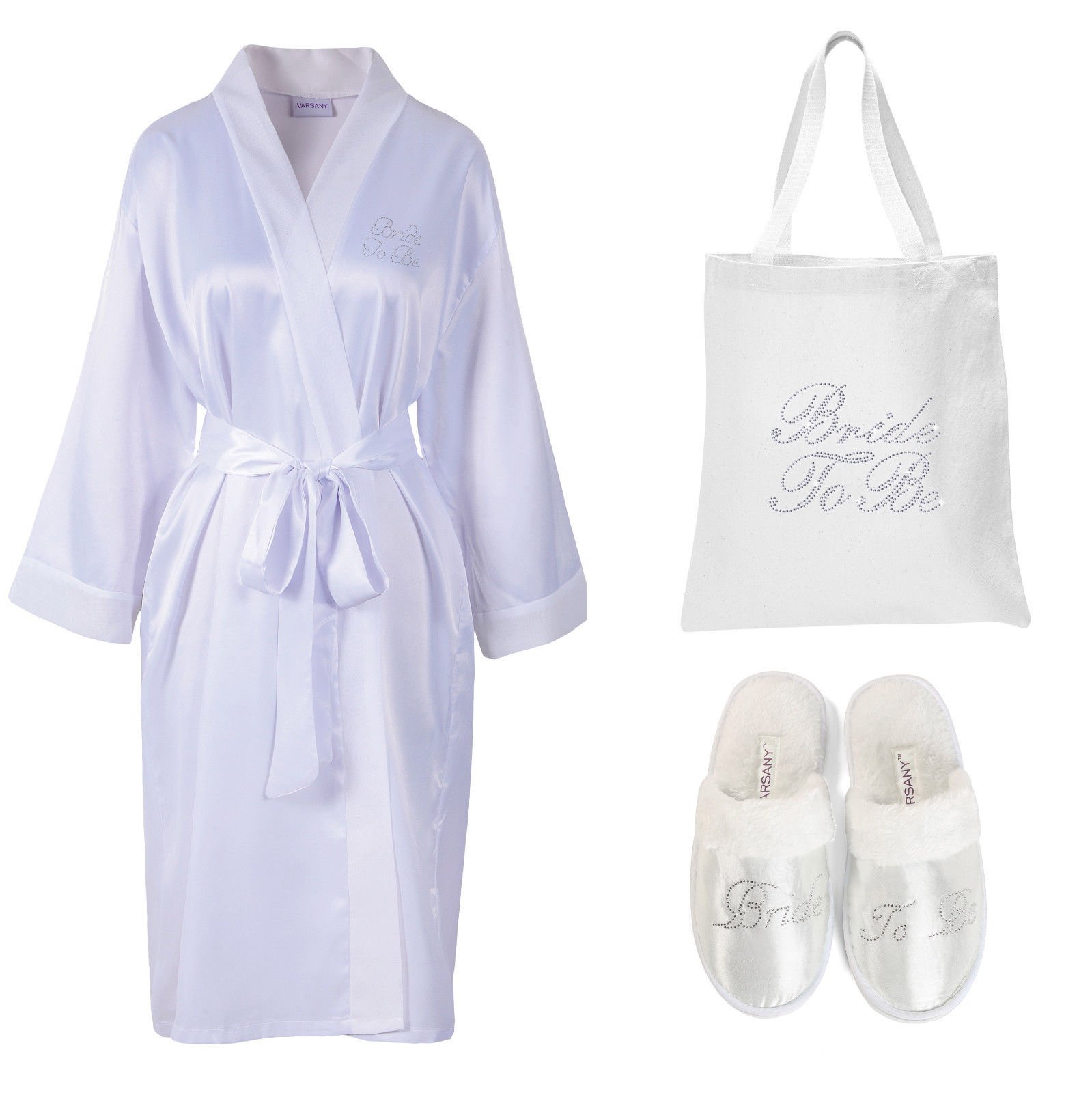 CrystalsRus Varsany White Rhinestone Bride To Be Satin Bathrobe + Spa Slipper + Tote Bag wedding Personalised day hen party gift set (3)