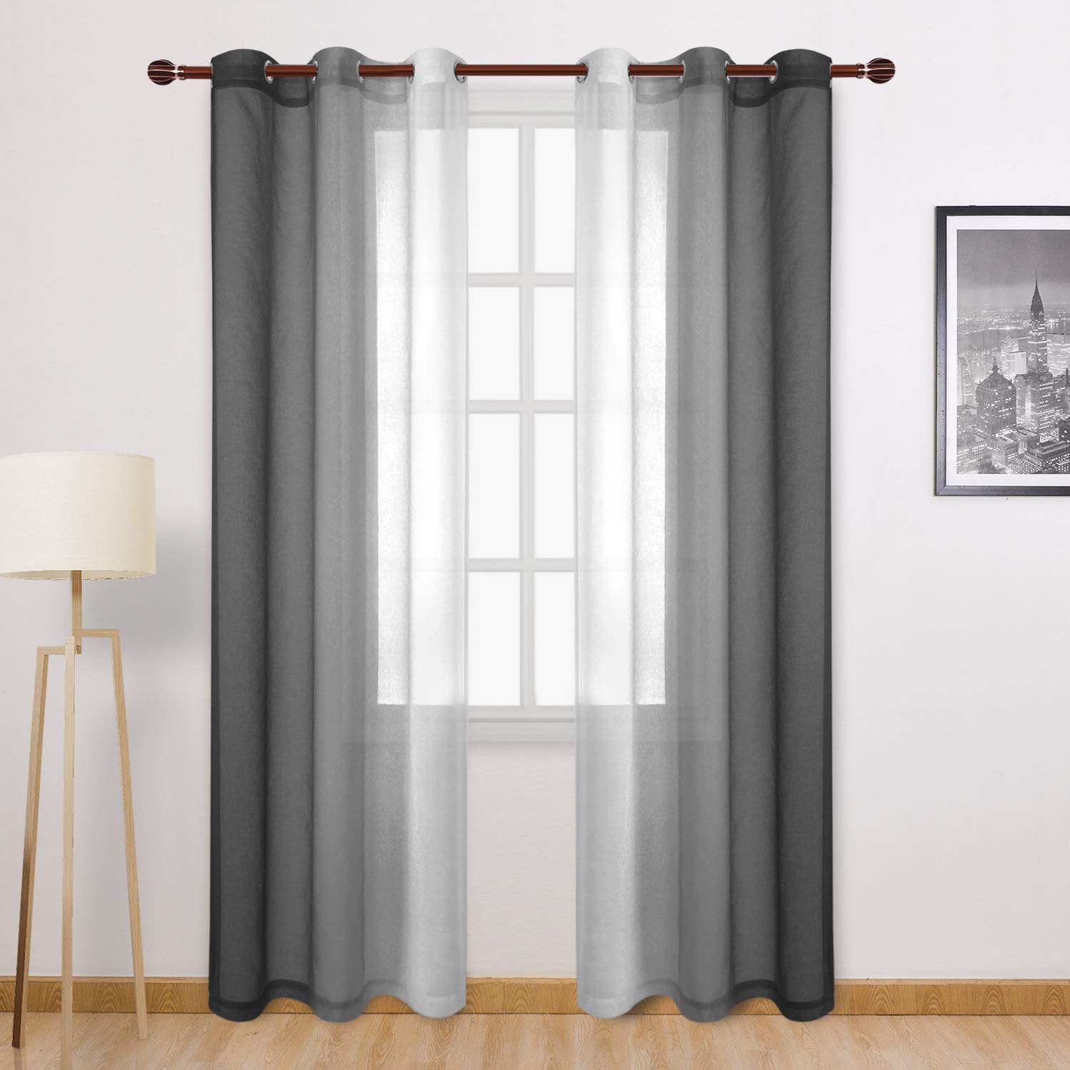 DWCN Black Ombre Sheer Curtains - Faux Linen Gradient Semi Voile Bedroom and Living Room Curtains, Set of 2 Grommet Top Window Curtain Panels, 42 x 84 Inches Long