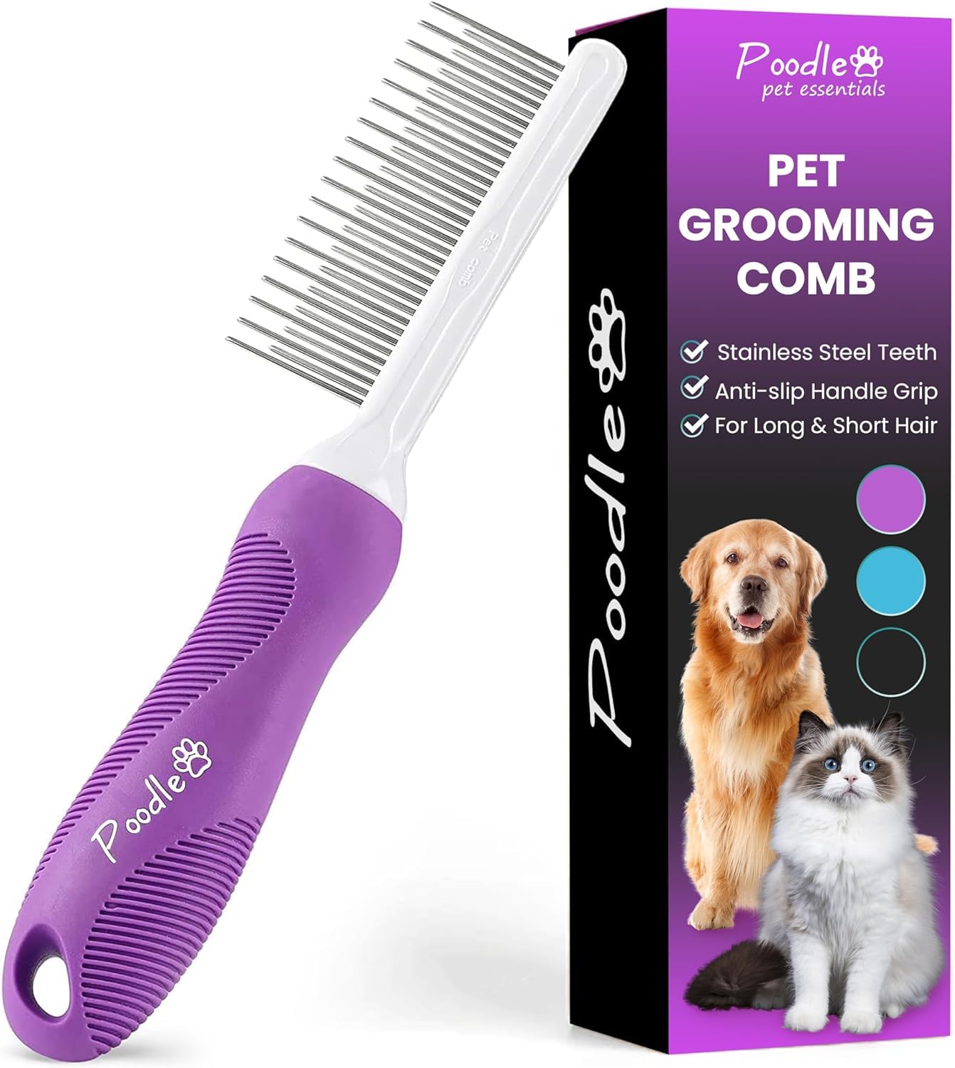 Poodle Pet Detangling Pet Comb for Dogs & Cats - Detangler Grooming Tool with Long & Short Stainless Steel Metal Teeth for Dematting Matted Fur, Combing Out Knots, Removing Tangles from Undercoat