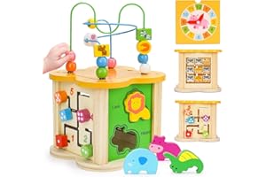 AUGTOY Wooden Baby Toys Activity Cube 6-in-1 Play Center Bead Maze Animal Shape Sorter Learning Montessori Sensory Infant Toys 6 12 9 18 Month 1 2 Year Old Development Toddler Boys Girls First Birthday Gift