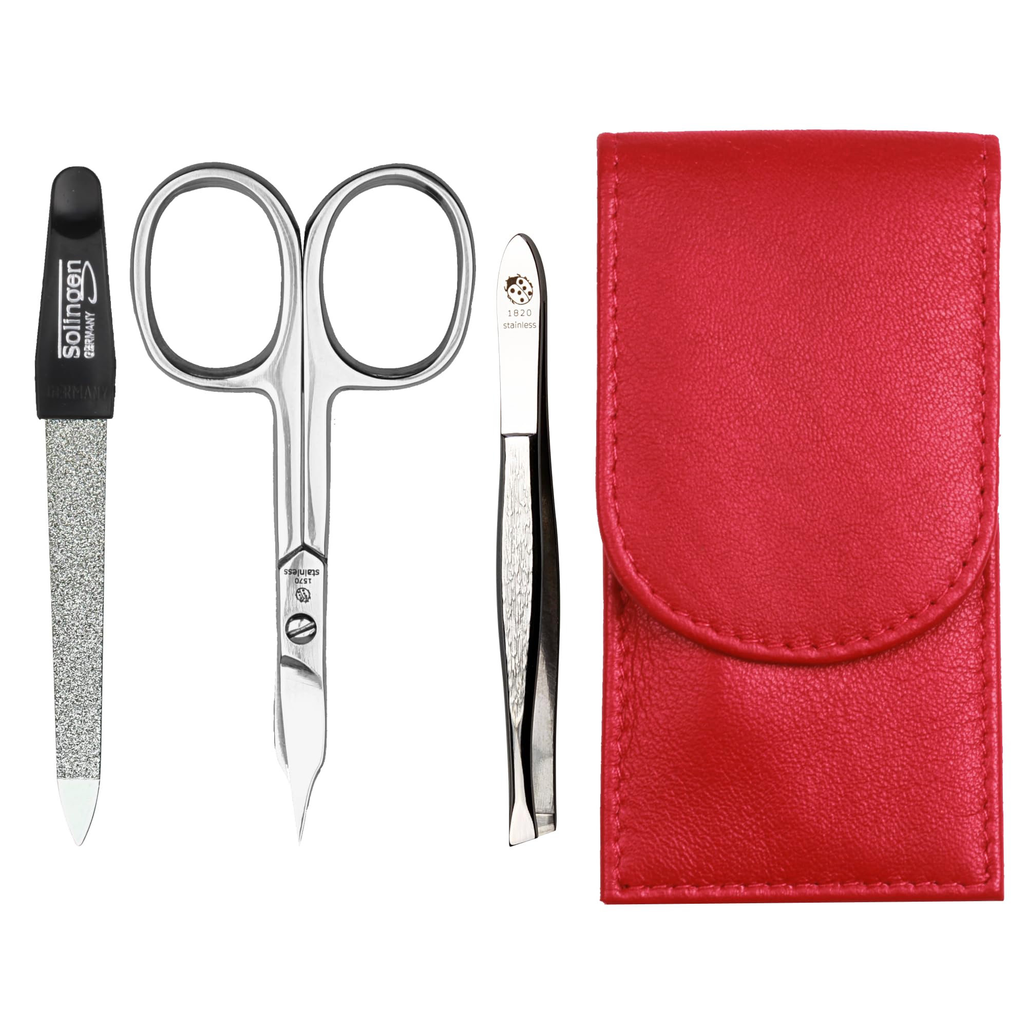 Sonnenschein by Hans Kniebes - Manicure Set 3 Pieces - Nail Scissors, Nail File and Tweezers - Pocket Manicure Nail Care Set - Nappa Lambskin Manicure Case (Red)