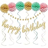 Aonor Pink and Gold Happy Birthday Decorations - Gold Happy Birthday Banner Sign, Pom Poms Flowers, Glittery Circle Dots Garland and Hanging Swirls for Girls Women Birthday Party Decorations