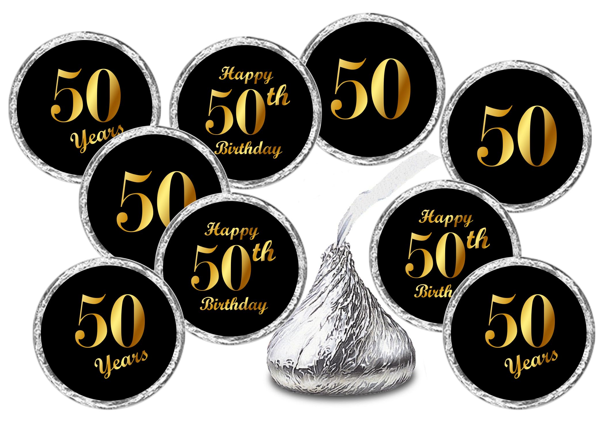 Photo 1 of 50th Birthday Black Kisses Stickers, (Set of 216) Chocolate Drops Labels Stickers for 50 Birthday, Party Favors Decor for Kisses. Made in USA,
