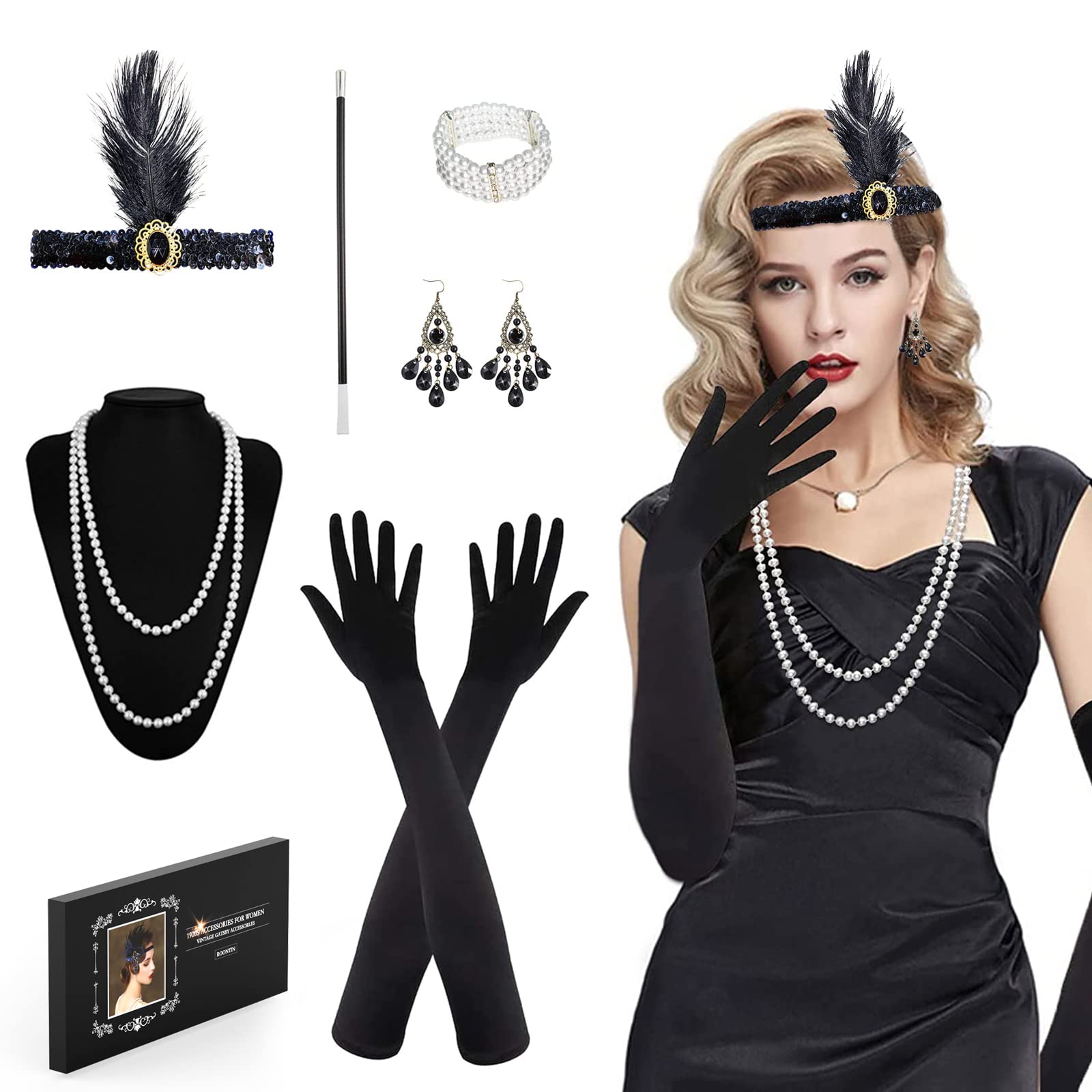 Vintage 1920s Flapper Great Gatsby Accessories - Fashion Roaring 20's Theme Set with Headband Headpiece, Long Black, 8 Pieces — image 1