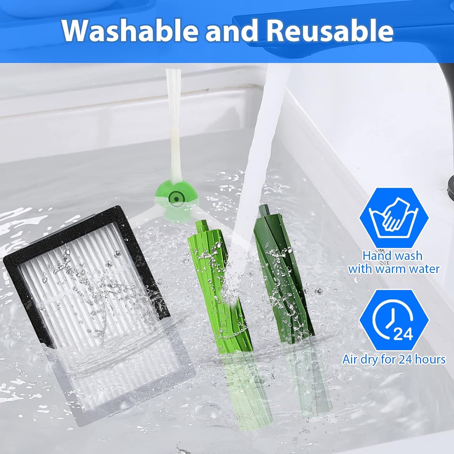 Katerelis 29 Pack Compatible with E/i/j Series Replacement Parts, E5 E6 E7 i2 i3 i3+i4 i4+ i6 i6+ i7 i7+ i8 i8+/Plus, 3 sets of multi-surface rubber roller brush 8 filters 8 side brushes 10 bags