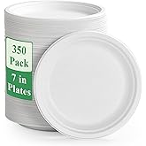 Vplus 350 Pack Paper Plates 7 inch 100% Compostable, Heavy-Duty Disposable Paper Plates Bagasse Natural Biodegradable Eco-Friendly Sugarcane(White)