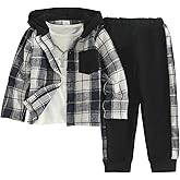 Azmxynol Boys Clothes Plaid Hooded Shirt 2pcs Outfit, Button Front Toddler Fall Winter Hoodie & Sweatpants Set, 4-8 years