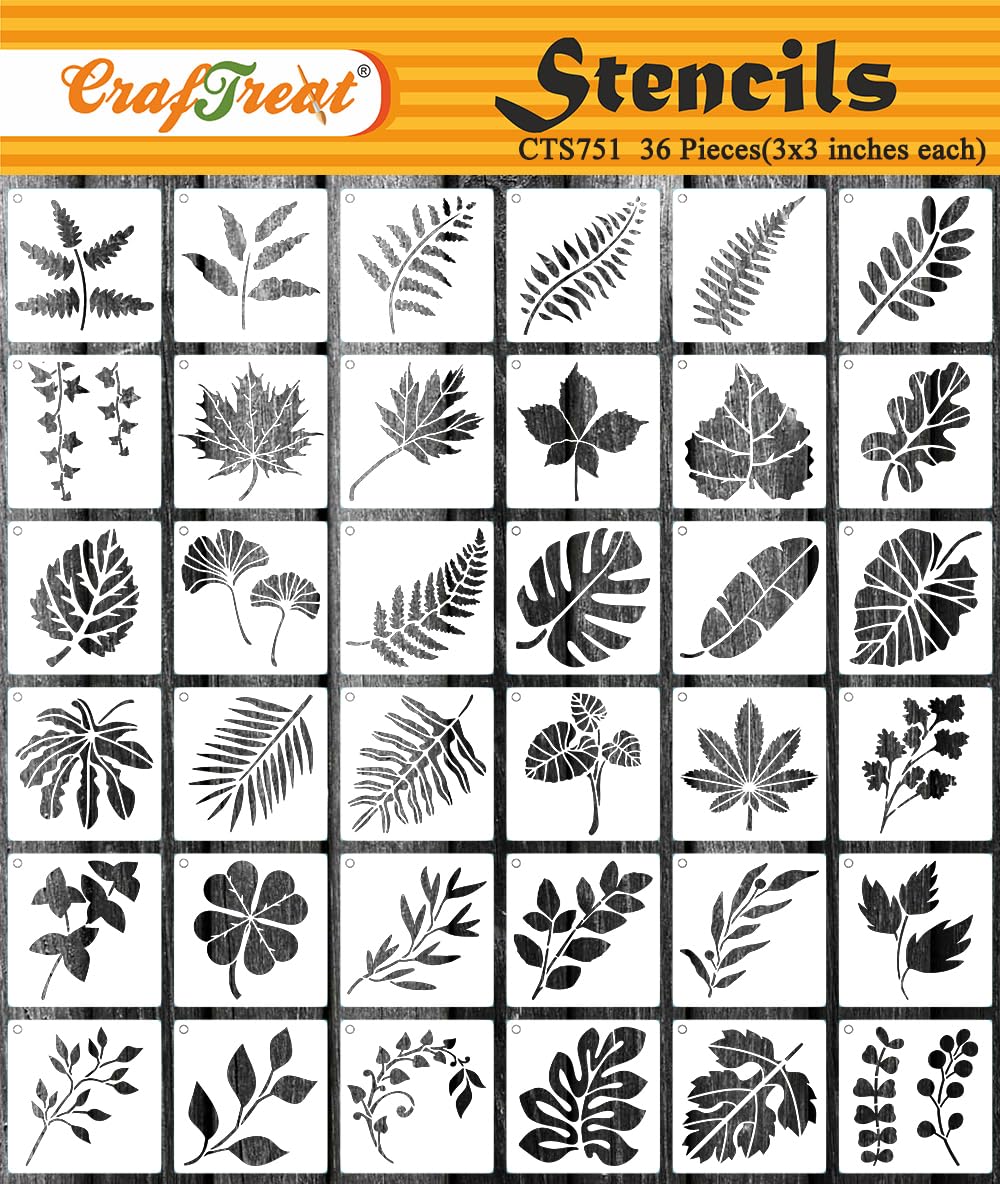 CrafTreat Reusable (36 pcs) Leaves Set Stencils for Painting on Wood, Canvas, Paper, Fabric, Floor, Wall, Tile, DIY Art and Craft. 3X3 inch.